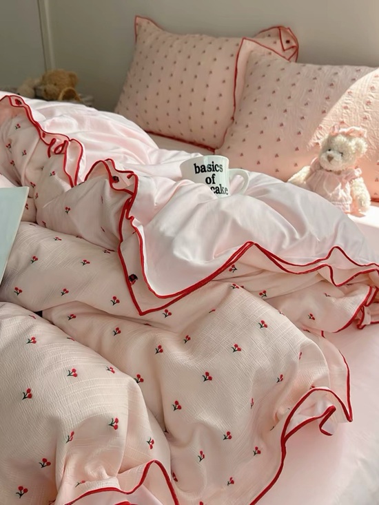Other - Soft Pink Embroidered Ruffle 4 Pieces Bedding Set with Red Trim